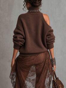 SHEIN Fiorisel Women's Autumn/Winter High Neck Solid Color Casual Loose Pullover Sweater Off-Shoulder Knit Top - Brown - View 2