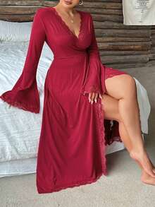 Dazy Plus 大尺碼女款優雅對比蕾絲性感居家中長款睡裙 - 酒紅色 - 查看 7