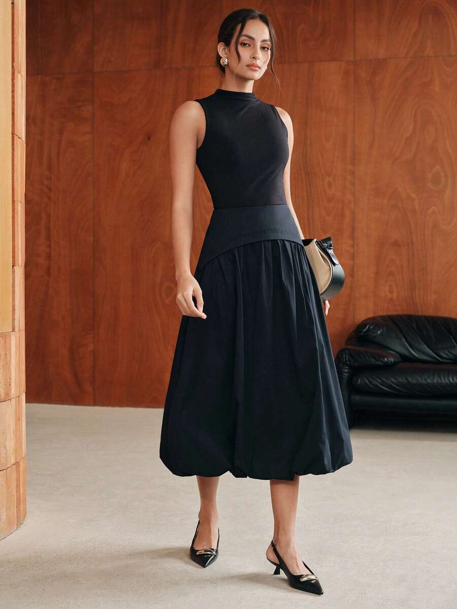 Anewsta Women's Solid Color Pleated Casual Versatile Daily Wear Skirt - Navy Blue - View 1
