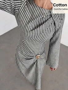 Siren Gaze 女款純色打結設計前襟金屬扣飾喇叭袖長袖洋裝，女款婚禮賓客禮服，女款冬季洋裝 - 黑與白 - 查看 6