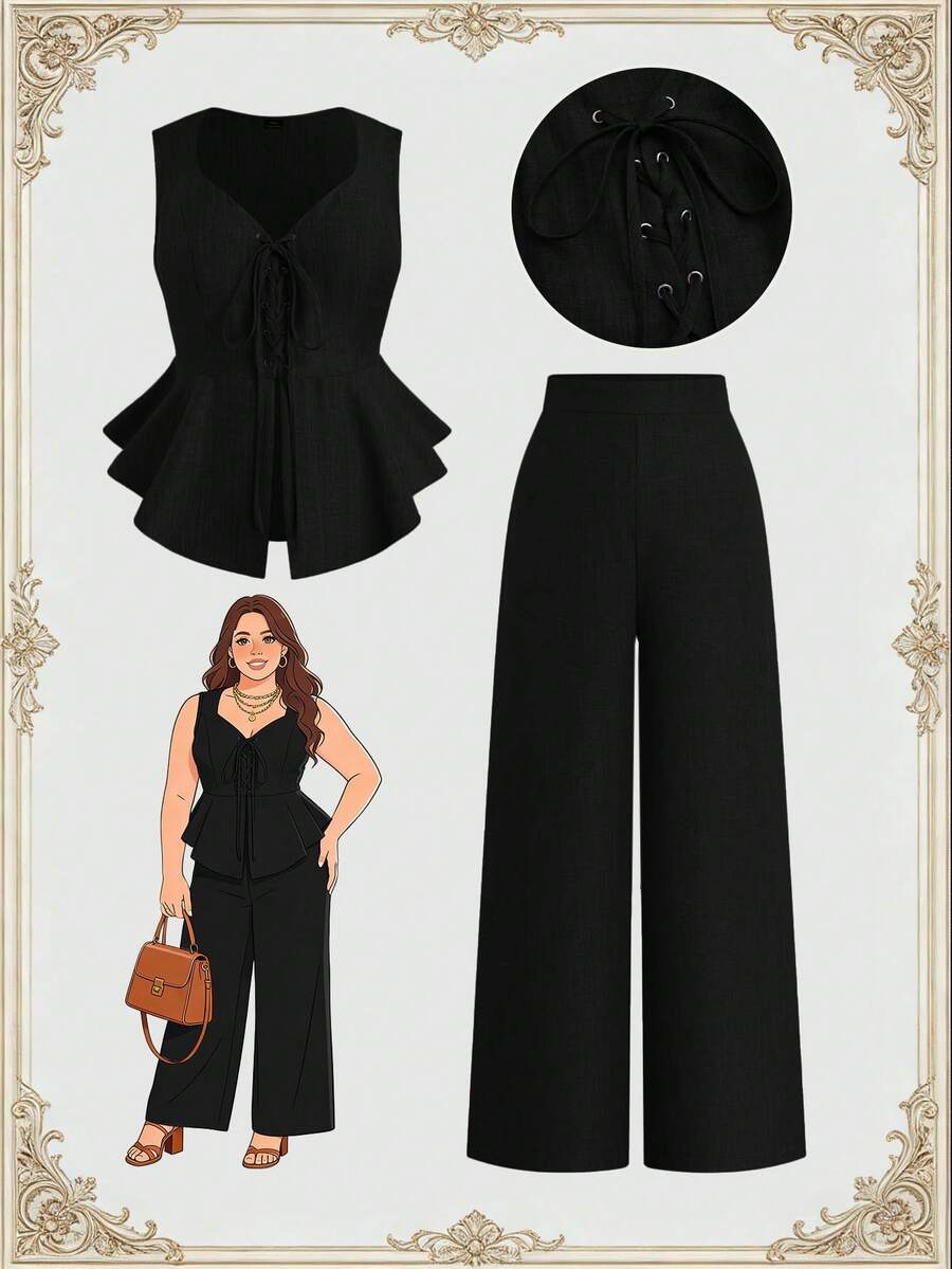Elenzga Plus Size Women's 2-Piece Set: Two-Tone Faux Linen Comfortable Sleeveless Blouse With Eyelet Tie Bow And Ruffle Hem, Elegant Open Front Design + Versatile Fashion Loose Commuter Suit Pants - Black - View 1