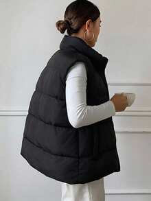 DAZY Jaket Rompi Empuk Musim Dingin Wanita Hangat dengan Kantong Resleting untuk Musim Gugur - Hitam - View 3