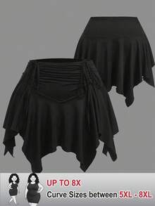 SHEIN CURVE+ Pantalones cortos con cintura elástica, cordón delantero y bajo asimétrico para tallas grandes - Negro - Ver 1