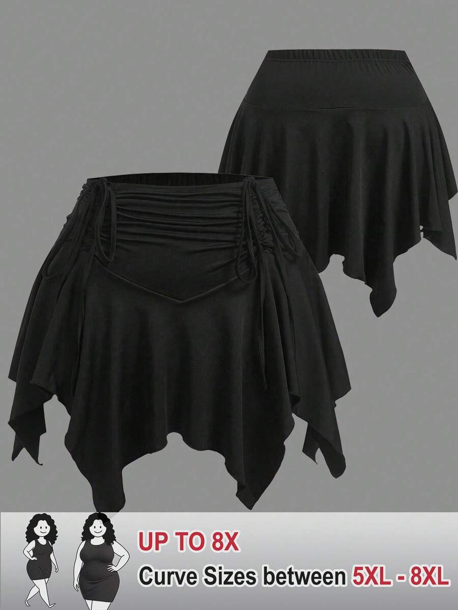 SHEIN CURVE+ Pantalones cortos con cintura elástica, cordón delantero y bajo asimétrico para tallas grandes - Negro - Ver 1