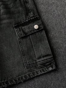 SHEIN 兒童青少年男孩抽繩腰工裝口袋休閒牛仔短褲 - 黑色 - 查看 5
