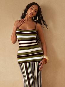 Silquee Women's Striped Colorblock Casual Daily Vacation Cover-Up Camisole Dress - Dark Green - View 4