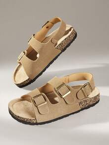 Solecia Three-Buckle Rear Strap Cork Sandals Women, Retro Suede Adjustable Buckle To Wear Boken Sandals - tawny - View 7