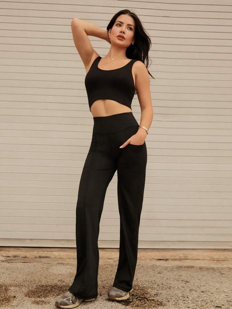 Nelanie Turli 女款純色高腰口袋簡約休閒運動長褲 黑色 - 黑色 - 查看 1