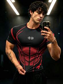 GymBeat 男士槓鈴圖案條紋印花拼色圓領運動T恤 - 彩色 - 查看 1