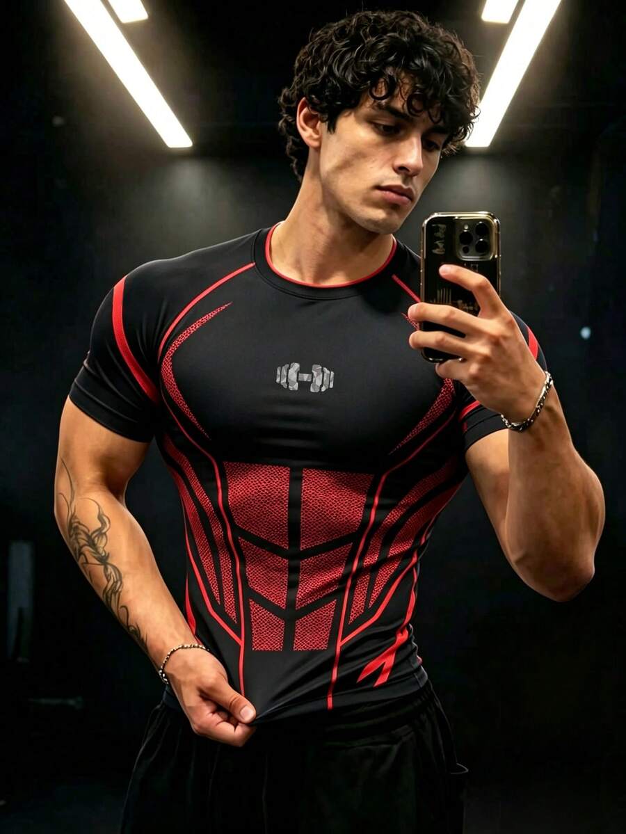 GymBeat 男士槓鈴圖案條紋印花拼色圓領運動T恤 - 彩色 - 查看 1
