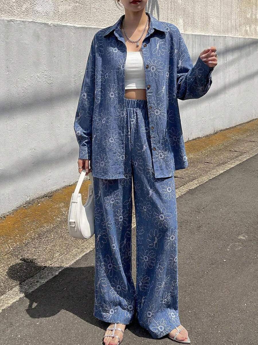 DAZY 春夏藍色西式海灘度假風丹寧質感亞麻面料寬鬆極簡女款兩件式上衣與長褲套裝 - 藍色 - 查看 1
