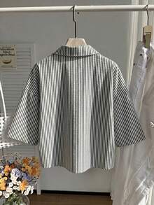 Comfortcana Kemeja Crop Bergaris Kasual Musim Panas Ukuran Besar - Hitam - View 2