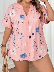 SHEIN CURVE+ 大码女式休闲宽松碎花短袖衬衫，春夏教师制服 - 粉色 - 查看 4