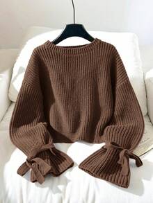 SHEIN Tween女孩純色圓領休閒日常長袖秋冬針織衫 - 棕色 - 查看 3