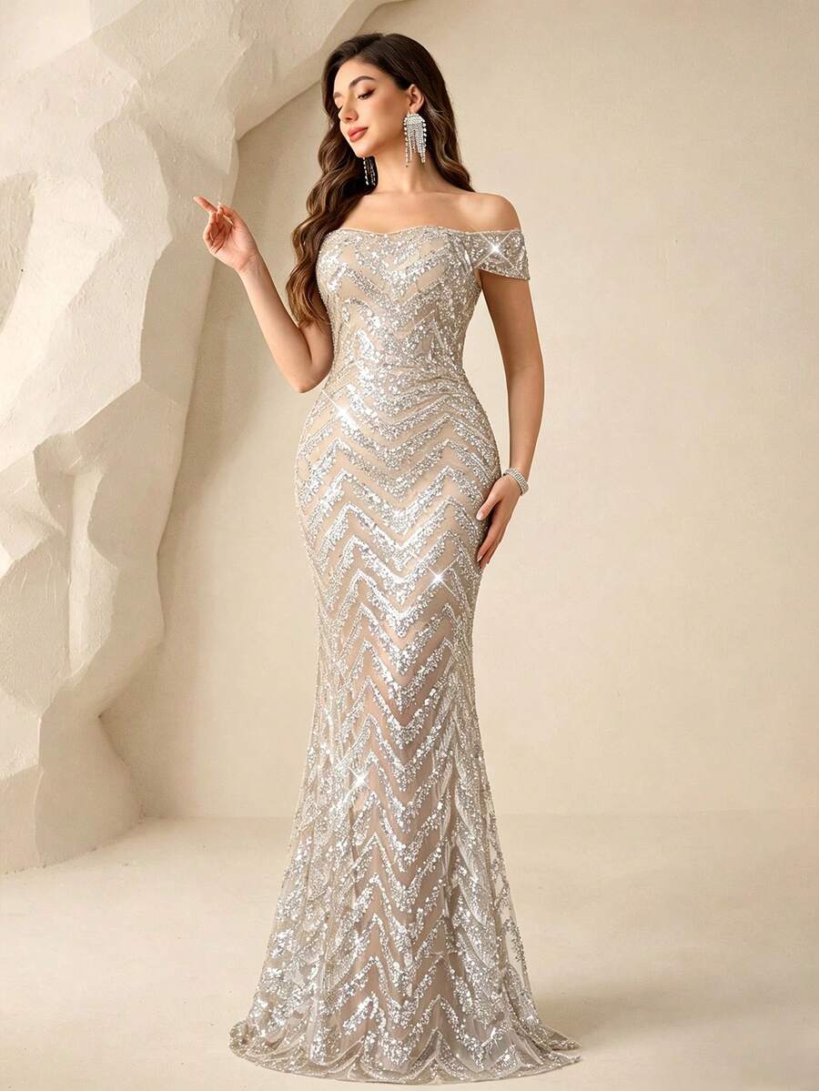 Coutiva Sequin Off-Shoulder Slit Elegant Formal Evening Gown Wedding Evening Gala Dinner Evening Gold Summer - Silver - View 1