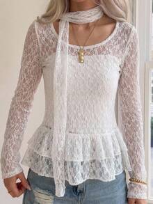 FRIFUL Women's Spring/Summer Solid Color Sheer Lace Long Sleeve Layering Slim Fit Casual Versatile Top - White - View 3