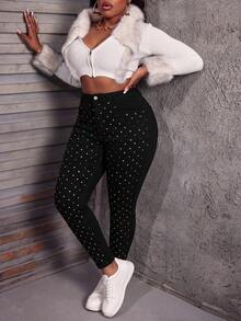 Slaydiva Plus Size Women's Rhinestone Embellished Casual Daily Wear Jeans - Black - View 3