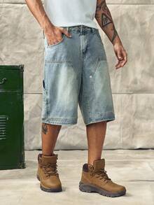 Men's Casual Pocketed Button Denim Shorts, Versatile For Daily Wear Cargo Pants - Blue - View 1