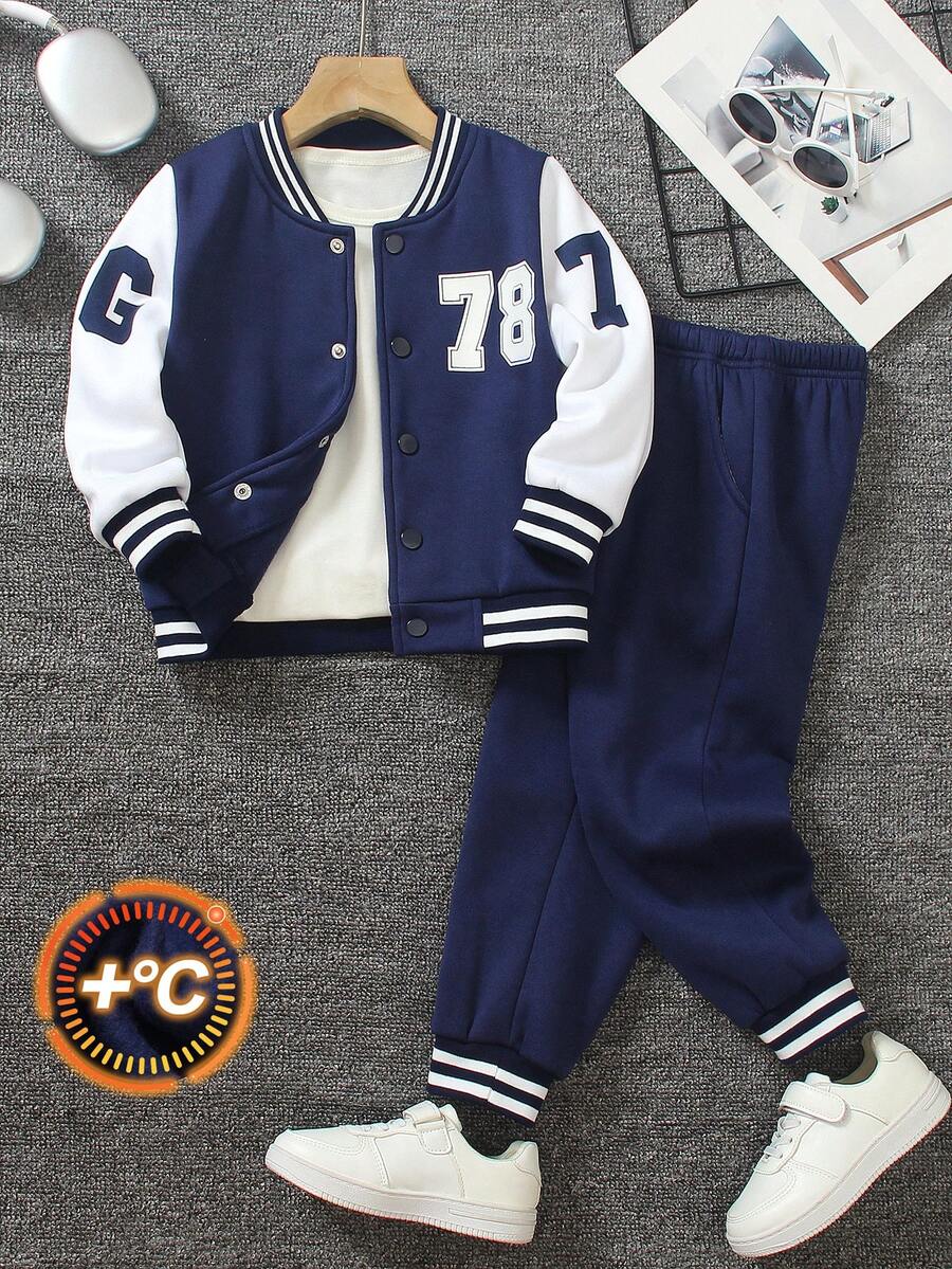 SHEIN Conjunto de 2 piezas de chaqueta de béisbol estilo universitario para niños (pequeño) de otoño/invierno, azul marino y blanco con bloques de color, top de punto azul con mangas blancas, panel frontal izquierdo estampado con patrón de letra mayúscula personalizada e impresión 78, pantalones deportivos a juego con estampado, elástico y cómodo, estilo minimalista casual adecuado para uso diario en primavera/otoño, deportes, viajes y regreso a la escuela - Azul Marino - Ver 1