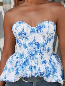 Yess Loren French Sexy Romantic Floral Print Underwire Corset Crisscross Ruffled Asymmetrical Lace-Up Bustier Summer Women's Top , Peplum Top Vacation - Multicolor - View 7