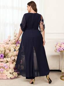 SHEIN CURVE+ 大尺碼刺繡時尚精緻 3D 花卉裝飾寬鬆連身褲 - 藏蓝色 - 查看 2
