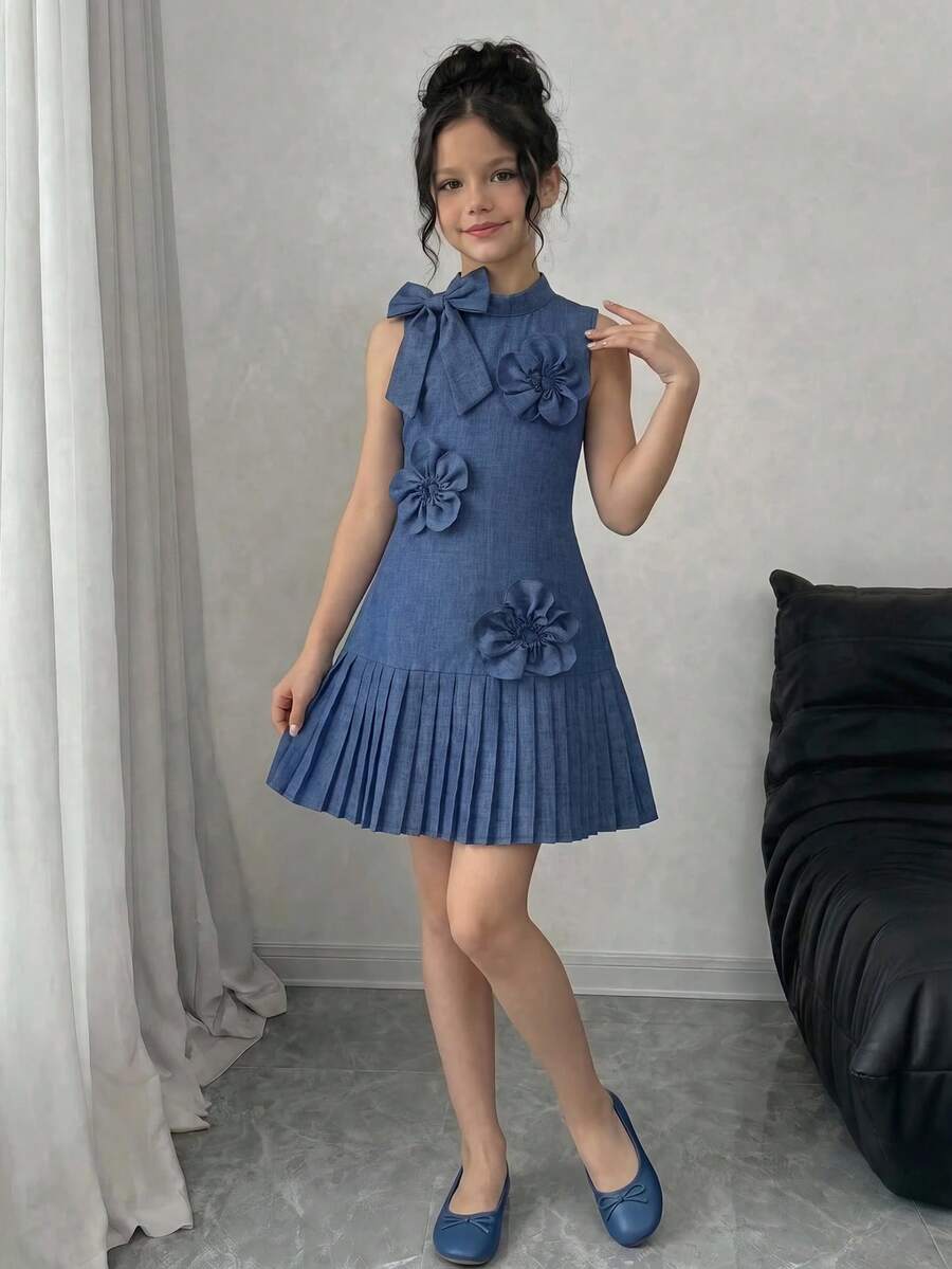 Firerie Kids 少女通勤休闲优雅蓝色纯色梭织立领3D立体花卉无袖连衣裙 - 霧霾藍 - 查看 1