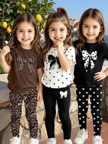 6pcs Baby Girl Leopard Bow Black Bow Polka Dot Heart Print Basic Short T-Shirt And Leggings Set, Summer Daily Outfit - Multicolor - View 1