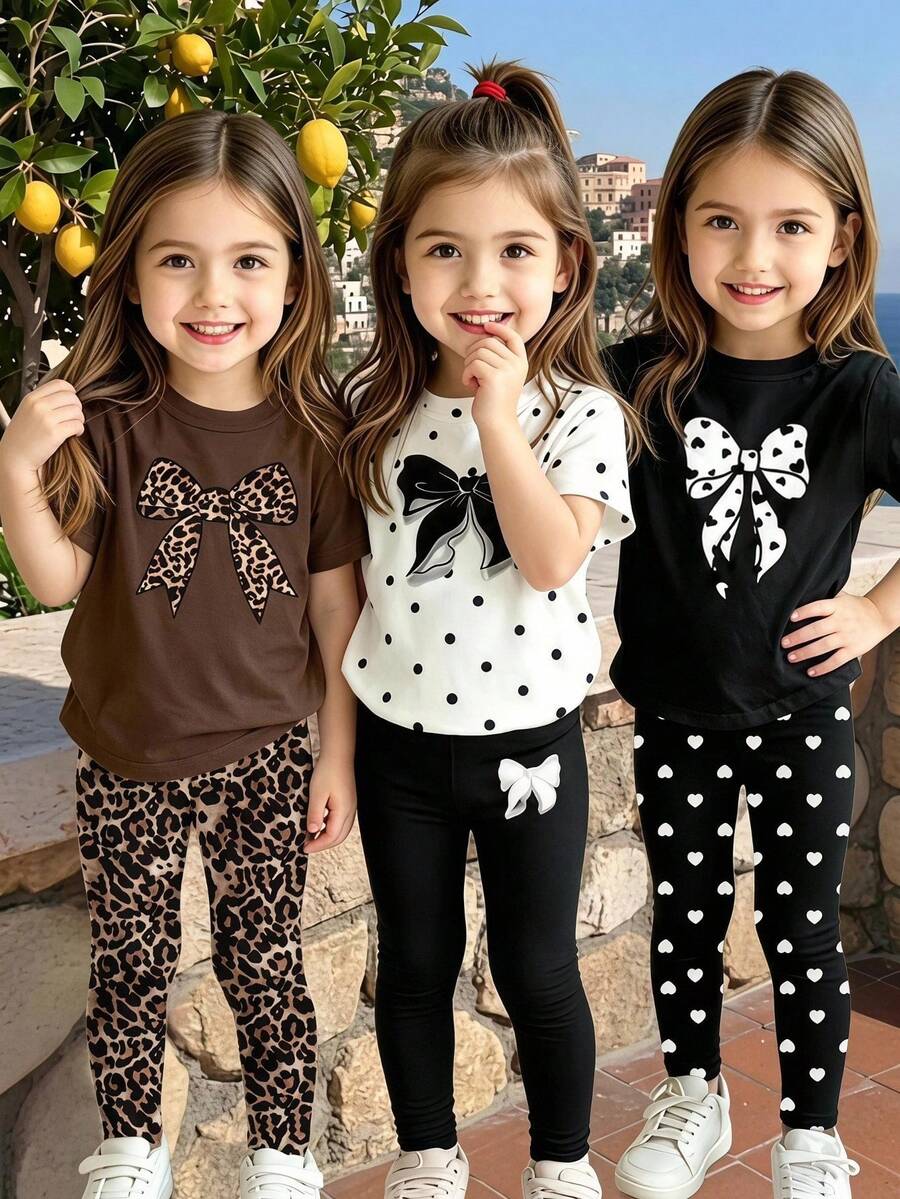 6pcs Baby Girl Leopard Bow Black Bow Polka Dot Heart Print Basic Short T-Shirt And Leggings Set, Summer Daily Outfit - Multicolor - View 1