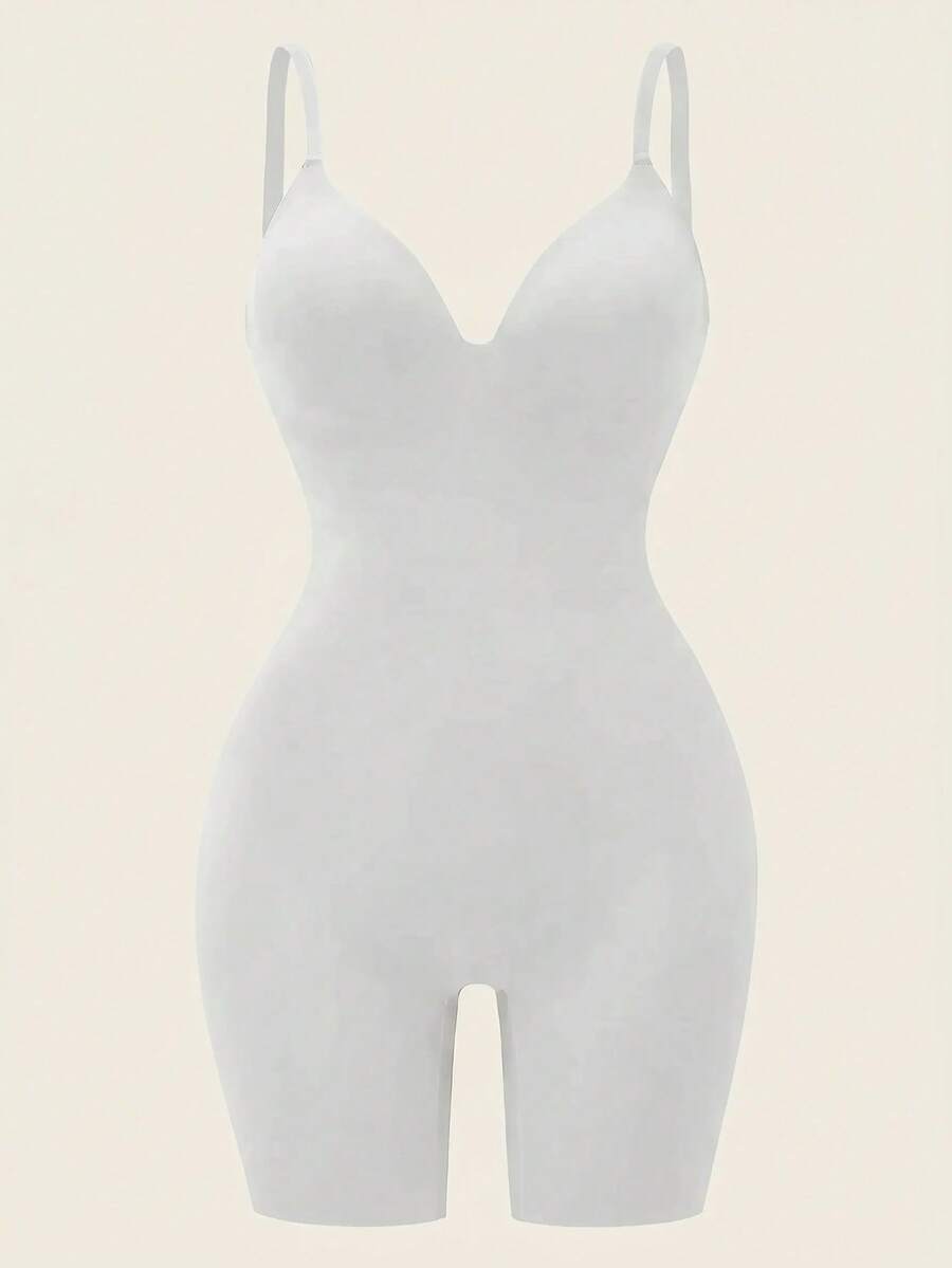 SHEIN 女款純色休閒百搭日常穿著細肩帶連身褲 - 白色 - 查看 1