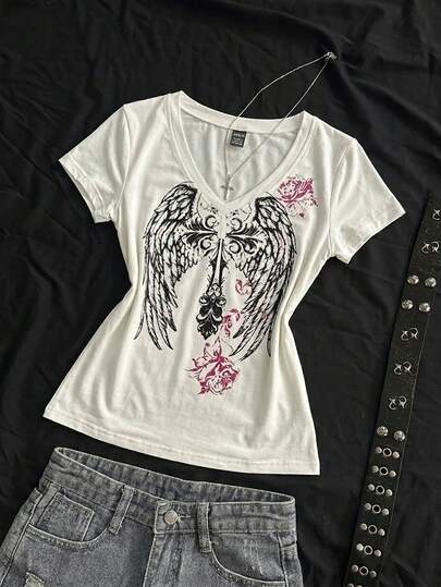StreetHx Women's Summer V-Neck Fitted T-Shirt, Wing Y2K Punk Subculture Anime Print, White Short Sleeve V-Neck