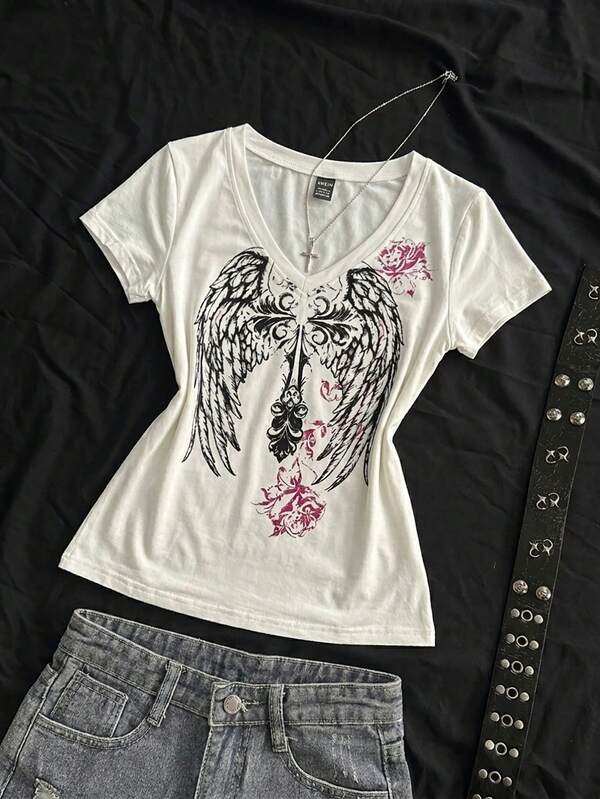 StreetHx Women's Summer V-Neck Fitted T-Shirt, Wing Y2K Punk Subculture Anime Print, White Short Sleeve V-Neck