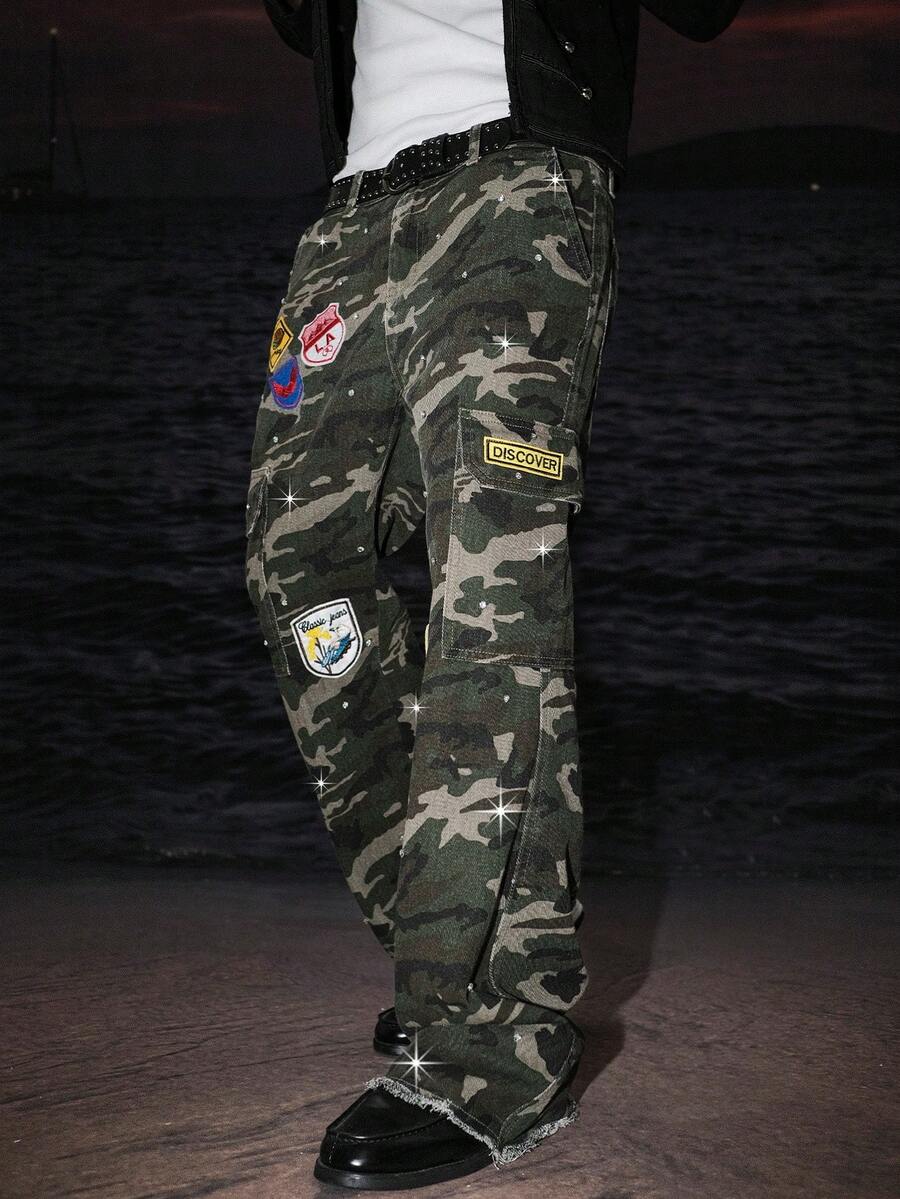 STEELVANCE Men's Camouflage Print Patch Pocket Denim Jeans - Army Green - View 1