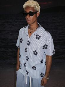 STEELVANCE Men's Striped Floral Vacation Style Short Sleeve Shirt - Black and White - View 3