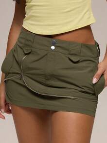MUSERA Green Shell Cargo Button Detail Mini Skirt Winter Casual Day Comfy Outfit Cool  Green Womens Skirt - Khaki - View 1