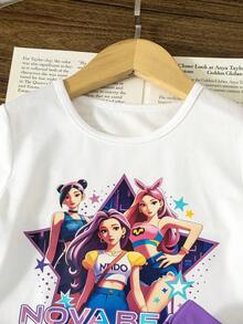 SHEIN Elladie kids 少女休闲日常短袖舞蹈队紫色图案白色T恤搭配紫色百褶裙，校园风夏季服装 - 紫色 - 查看 7