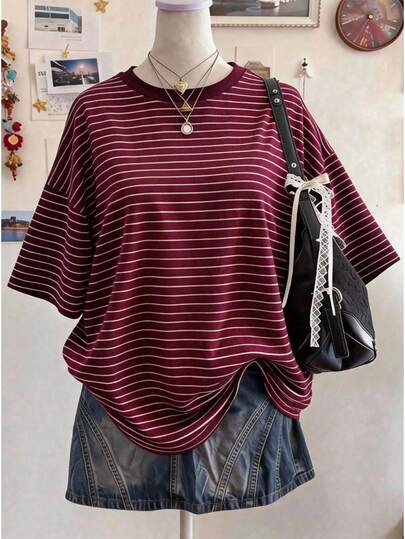 SHEIN Sweetra Young Teen Girls Digital Striped Pattern Short Sleeve Top, Casual Comfortable Fashion Spring/Summer Style, Versatile Summer Outfit Suitable For Outdoor Sports, Picnic, Street Photography, Campus, Festival, Gift, American Vintage Style For Girls