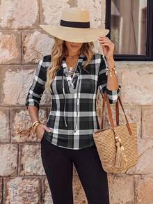 EMERY ROSE Women's V-Neck Drawstring Long Sleeve Plaid Design Casual T-Shirt Graphic Tees Women Tops For Spring - Black - View 2