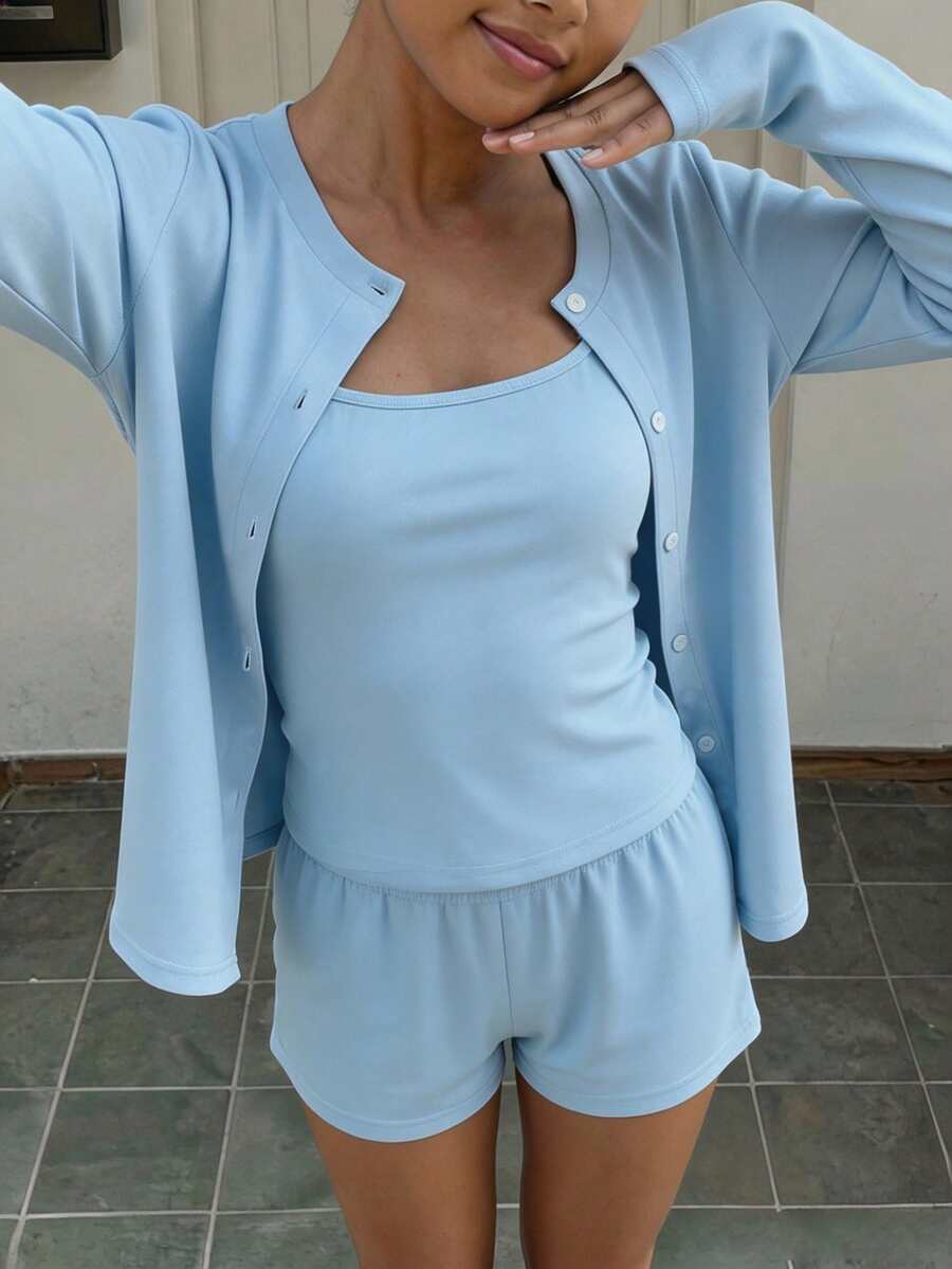 女童大童休閒百搭日常居家季節過渡套裝 開襟外套、修身背心與寬鬆短褲 藍色純色三件套 - 藍色 - 查看 1