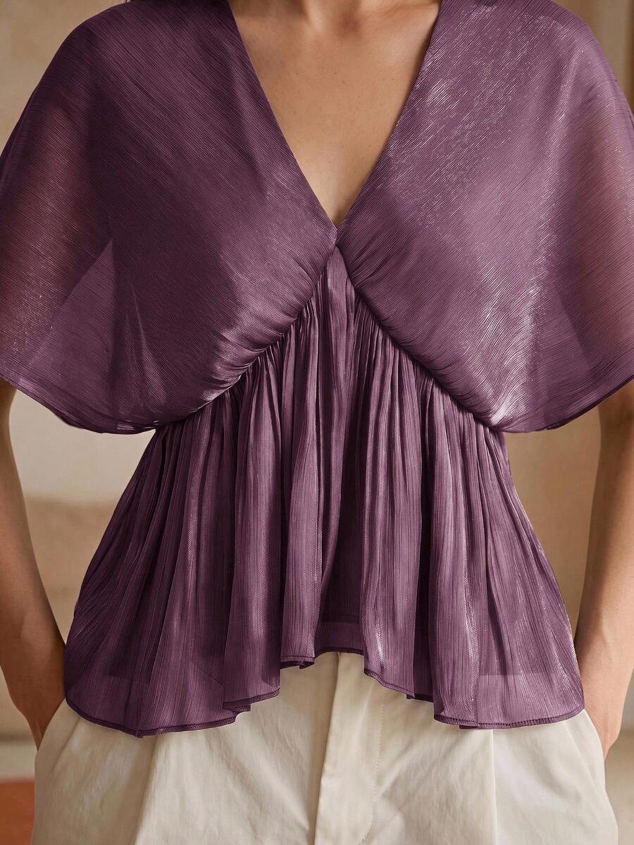 Anewsta Essential Spring/Summer New High-Quality Standard Size Women's Fashion Elegant V-Neck Batwing Sleeve Flowy Waist-Cinching Slimming Short Blouse For Commute And Dating - Mauve Purple - View 1