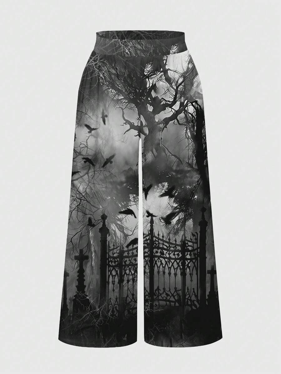 ROMWE Goth 深色哥德風萬聖節恐怖神秘蝙蝠大尺碼長褲 - 黑色 - 查看 1