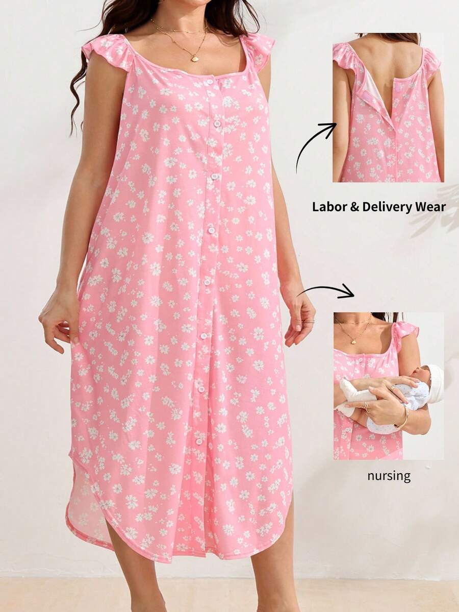 SHEIN 孕婦小碎花前後鈕扣孕婦洋裝 - 粉色 - 查看 1