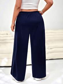 SHEIN EZwear Casual Versatile Navy Blue Plus Size Pants - Navy Blue - View 3
