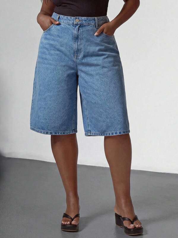 SHEIN WOMEN DENIM HIGH WAIST LONG SHORT PLUS SIZE CURVY CURVE Light Blue DENIM CASUAL ELASTIC WAISTBAND Formal Holiday Summer