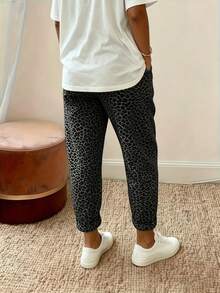EMERY ROSE Plus Size Women's High Waist Loose Leopard Print Ankle Pants Fall - Dark Grey - View 2