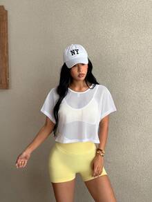 Dewbera Dewbera 1pc Mesh Sports T-Shirt, Solid Color Fashionable Versatile Elegant - White - View 3