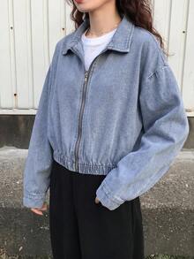 SHEIN Teen Girl Y2k Casual Blue Denim Button-Down Long-Sleeved Short Jacket Halloween And Black To School - Blue - View 3