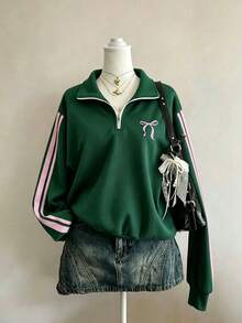 Genkimix Kids Sweatshirt lengan panjang warna hijau tua serbaguna dengan desain ritsleting dan motif pita untuk remaja putri, serta desain lengan warna kontras merah muda untuk musim gugur. - Dark Green - View 3