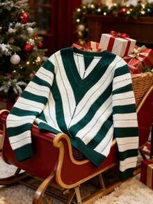 Franclia Women's Green And White Striped Autumn Casual School Sweater,Deep V-Neck Geometric Pattern Jacquard Long Sleeve Loose Christmas Halloween Clothing - Dark Green - View 6