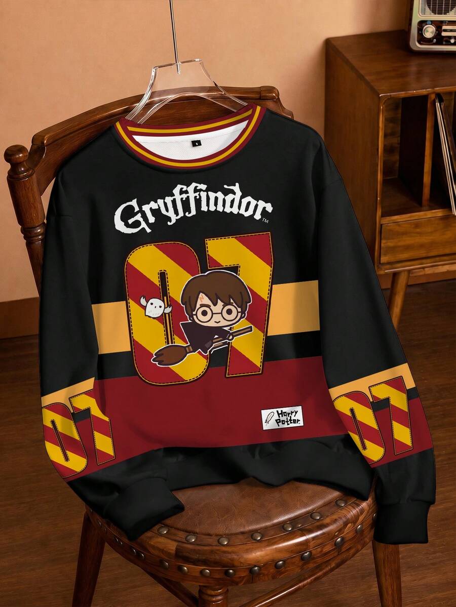 HARRY POTTER X SHEIN 男士圓領卡通圖案休閒日常長袖運動衫 - 白色 - 查看 1