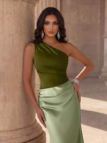 Coutiva Adult Elegant Bridesmaid Dress With Ruffle Asymmetric Hem - Olive Green - View 5